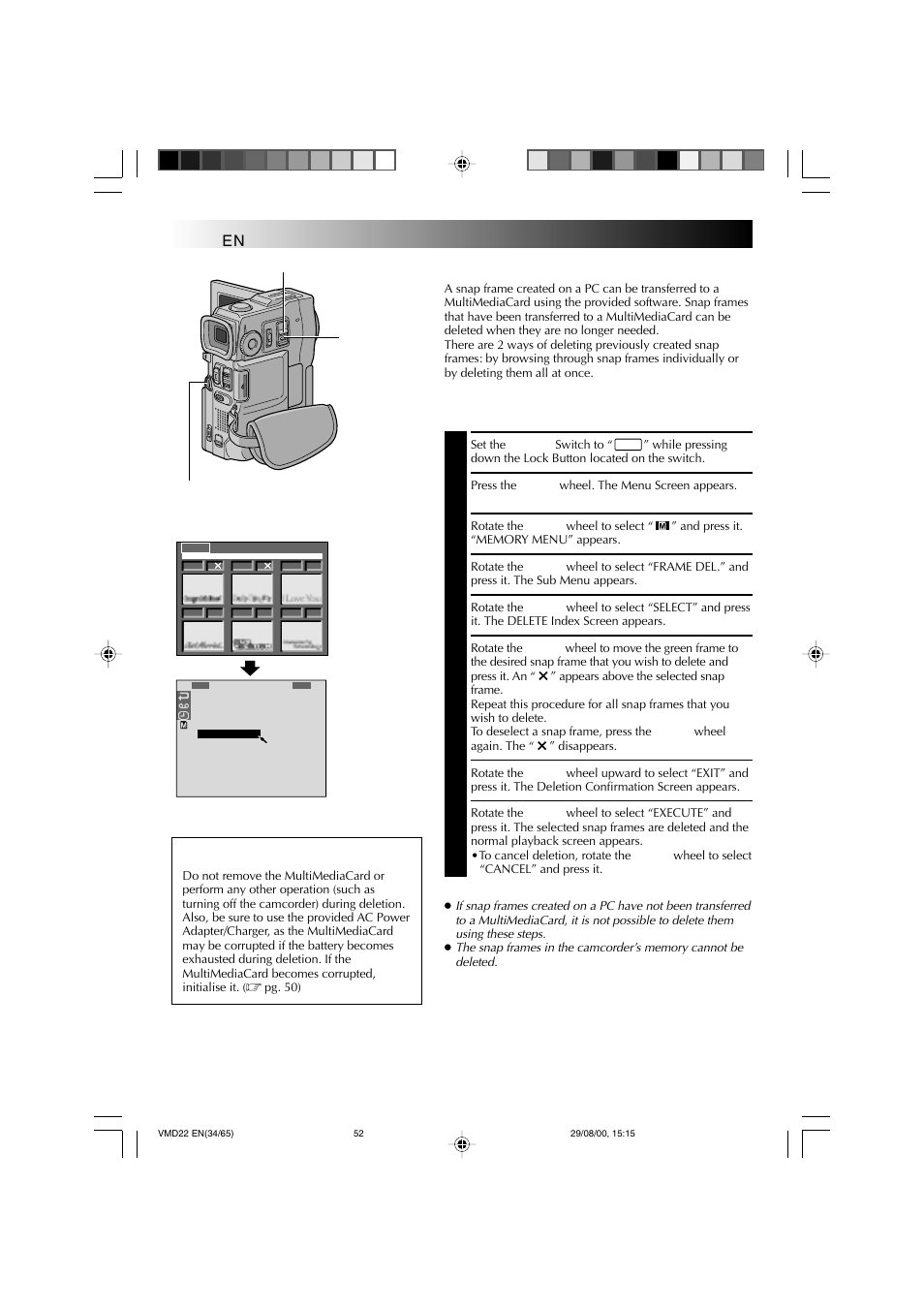 Playback, Snap frame deletion, Advanced features for d.s.c. (cont.) | Caution | Technicolor - Thomson VMD 22 User Manual | Page 53 / 102