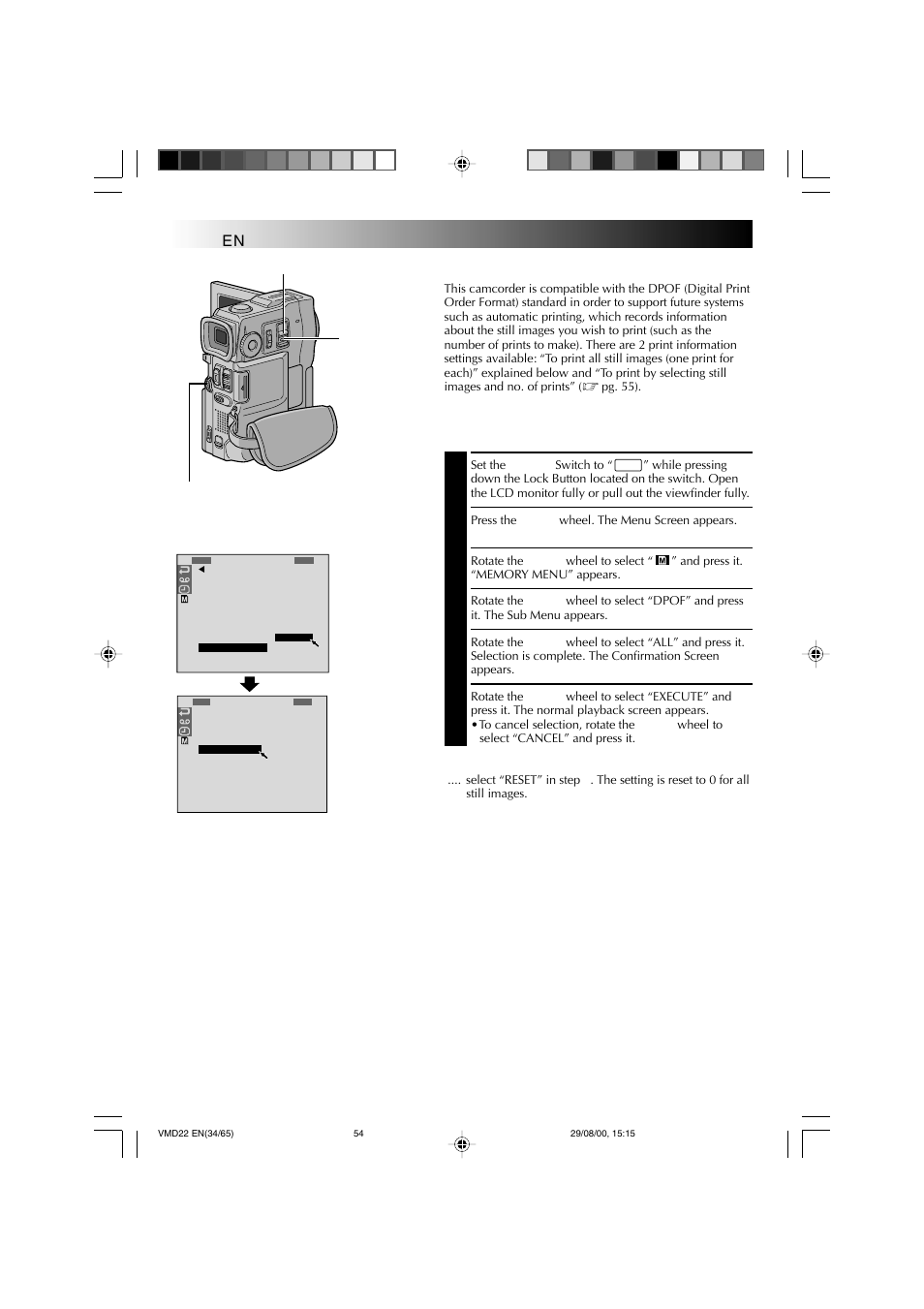 Playback, Setting print information (dpof setting), Advanced features for d.s.c. (cont.) | Technicolor - Thomson VMD 22 User Manual | Page 55 / 102