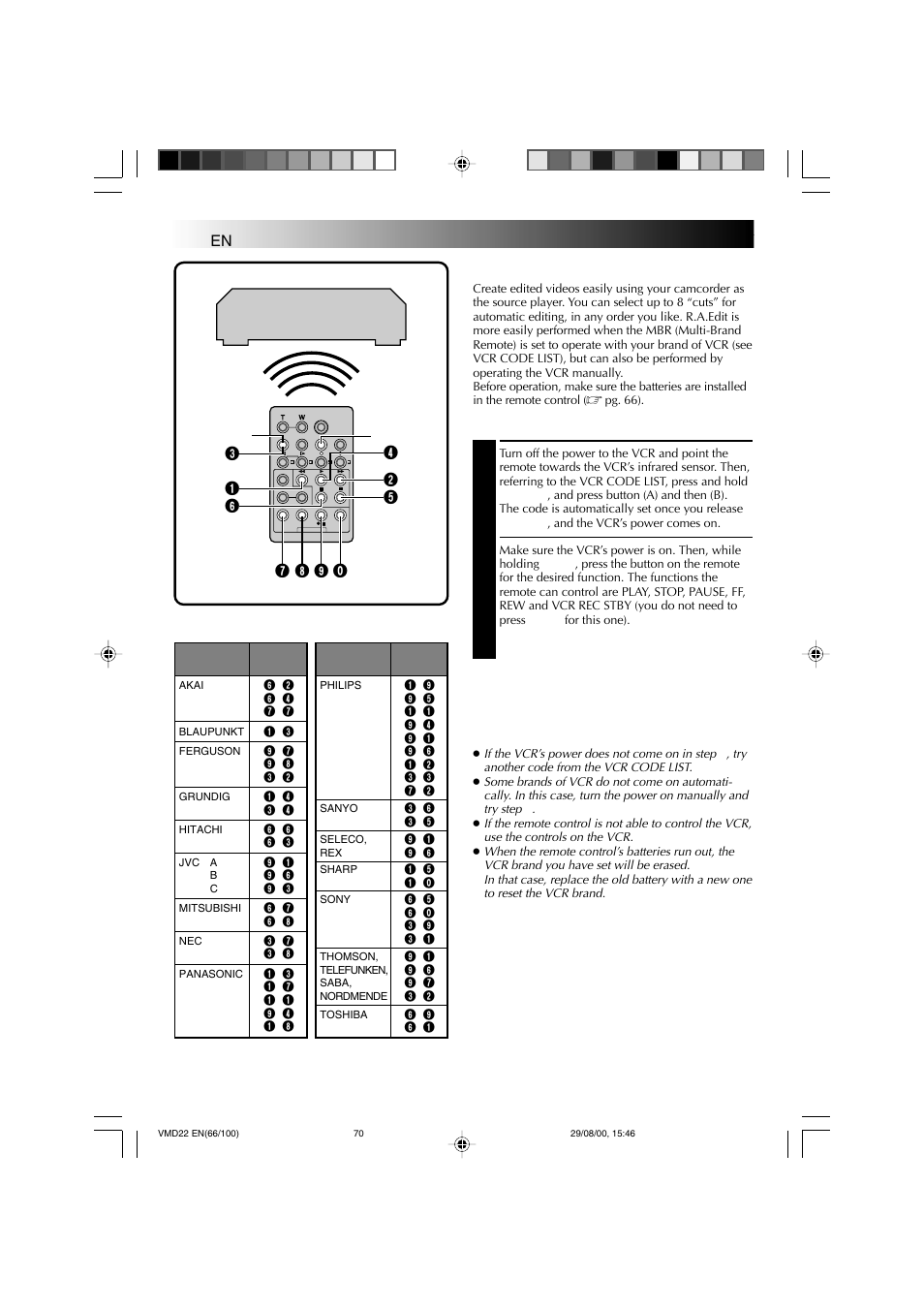 Using the remote control unit, Random assemble editing [r.a.edit, Cont.) | Technicolor - Thomson VMD 22 User Manual | Page 71 / 102