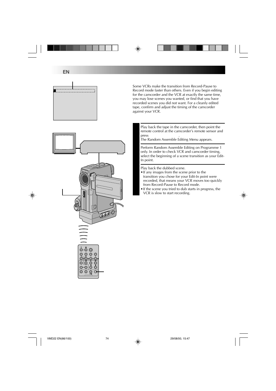 Using the remote control unit, Cont.) for more accurate editing, Diagnosing vcr/camcorder timing | Technicolor - Thomson VMD 22 User Manual | Page 75 / 102