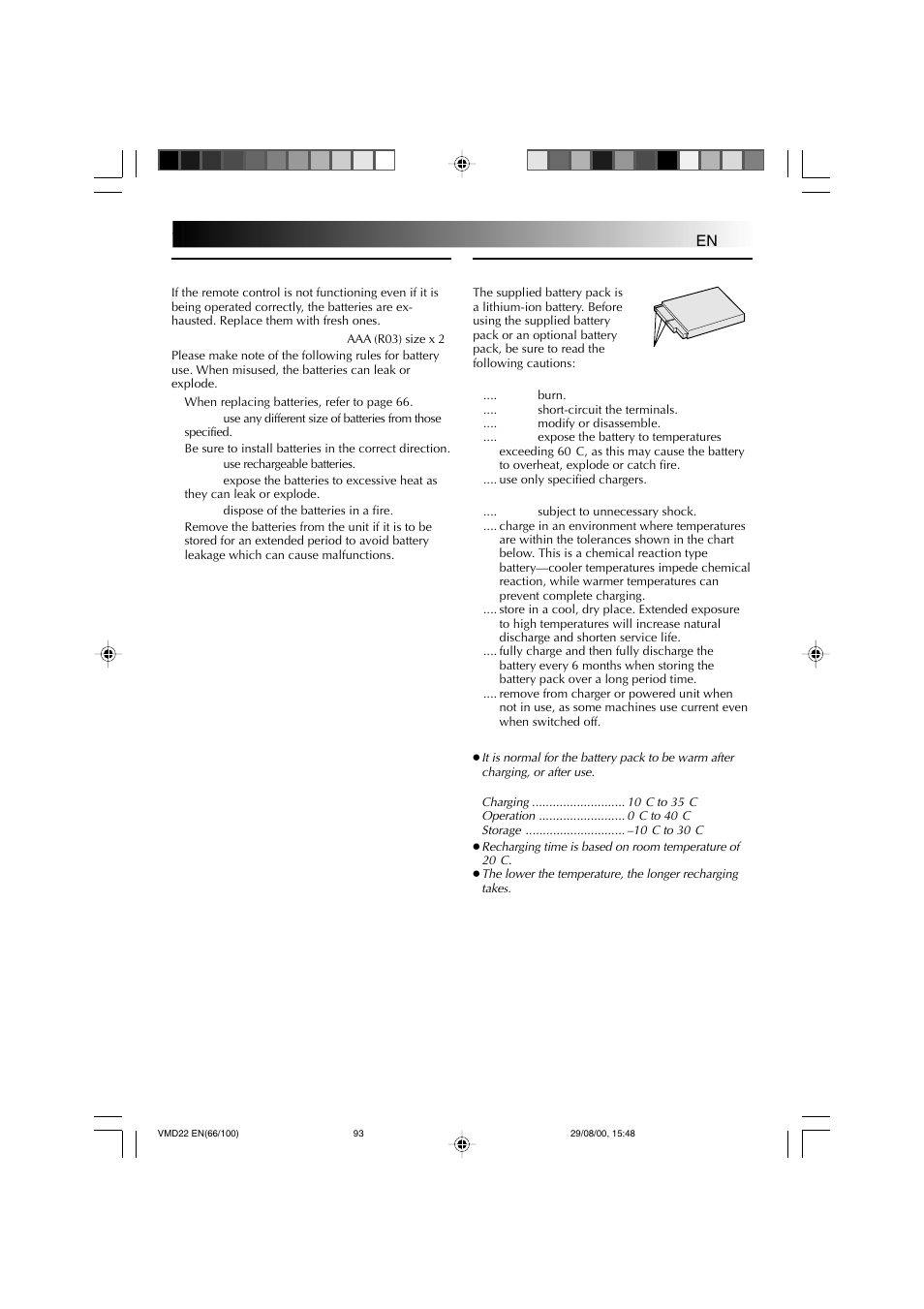 Cautions, General battery precautions, Battery packs | Technicolor - Thomson VMD 22 User Manual | Page 94 / 102