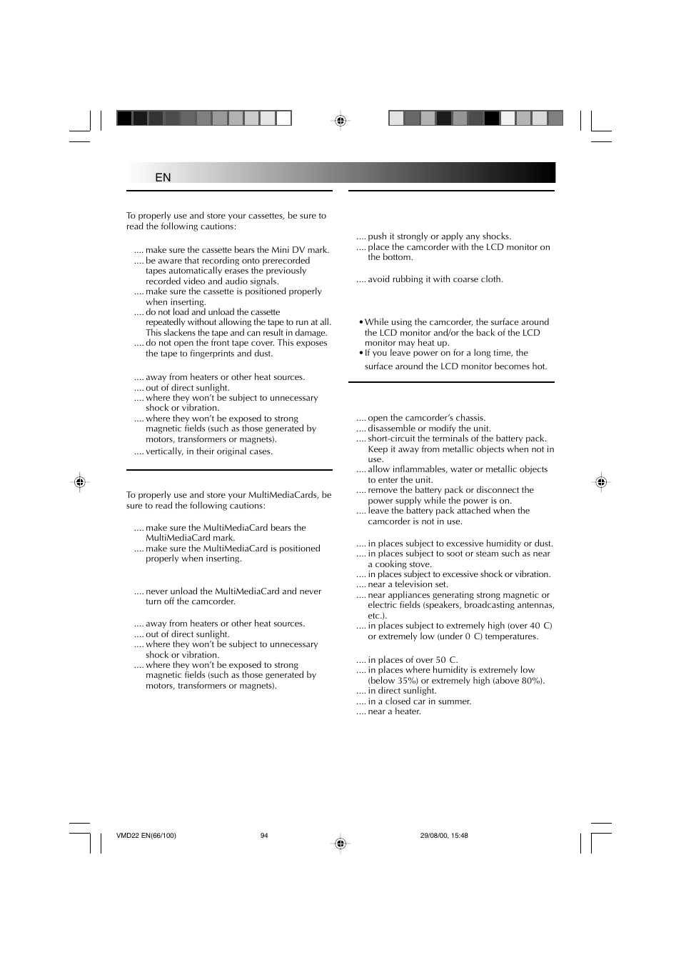 Cautions, Cont.), Cassettes | Multimediacards, Lcd monitor, Main unit | Technicolor - Thomson VMD 22 User Manual | Page 95 / 102