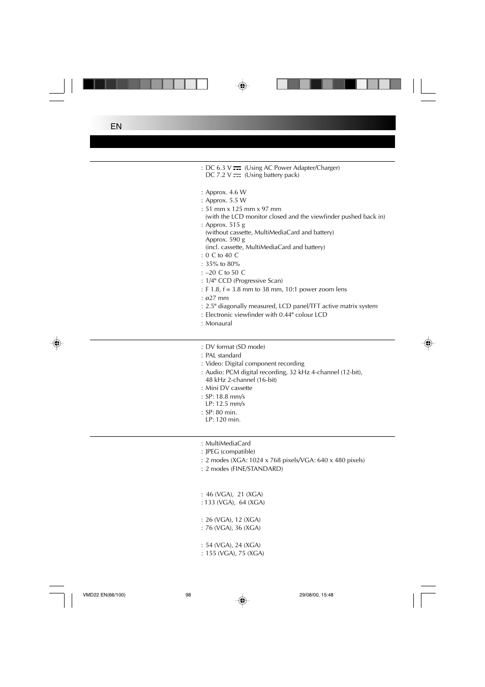 Specifications, Camcorder | Technicolor - Thomson VMD 22 User Manual | Page 99 / 102