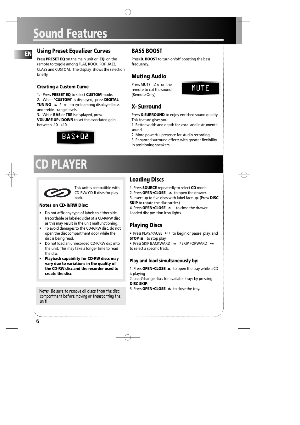 Sound features, Cd player, Bas+08 mute | Loading discs, Playing discs, Using preset equalizer curves, Bass boost, Muting audio, X- surround | Technicolor - Thomson MS4000 User Manual | Page 10 / 16