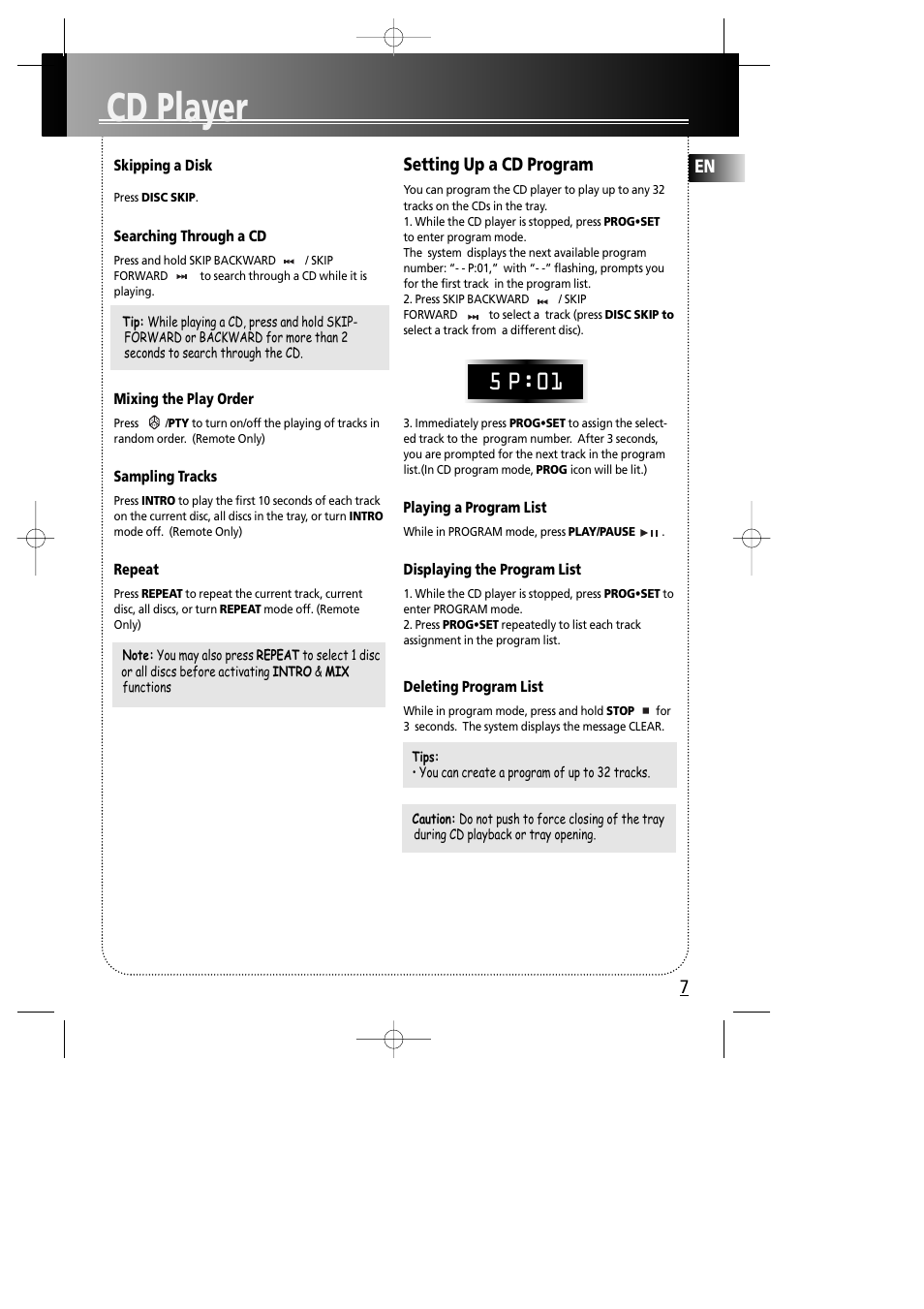 Cd player, 5 p:01, En 7 | Setting up a cd program | Technicolor - Thomson MS4000 User Manual | Page 11 / 16