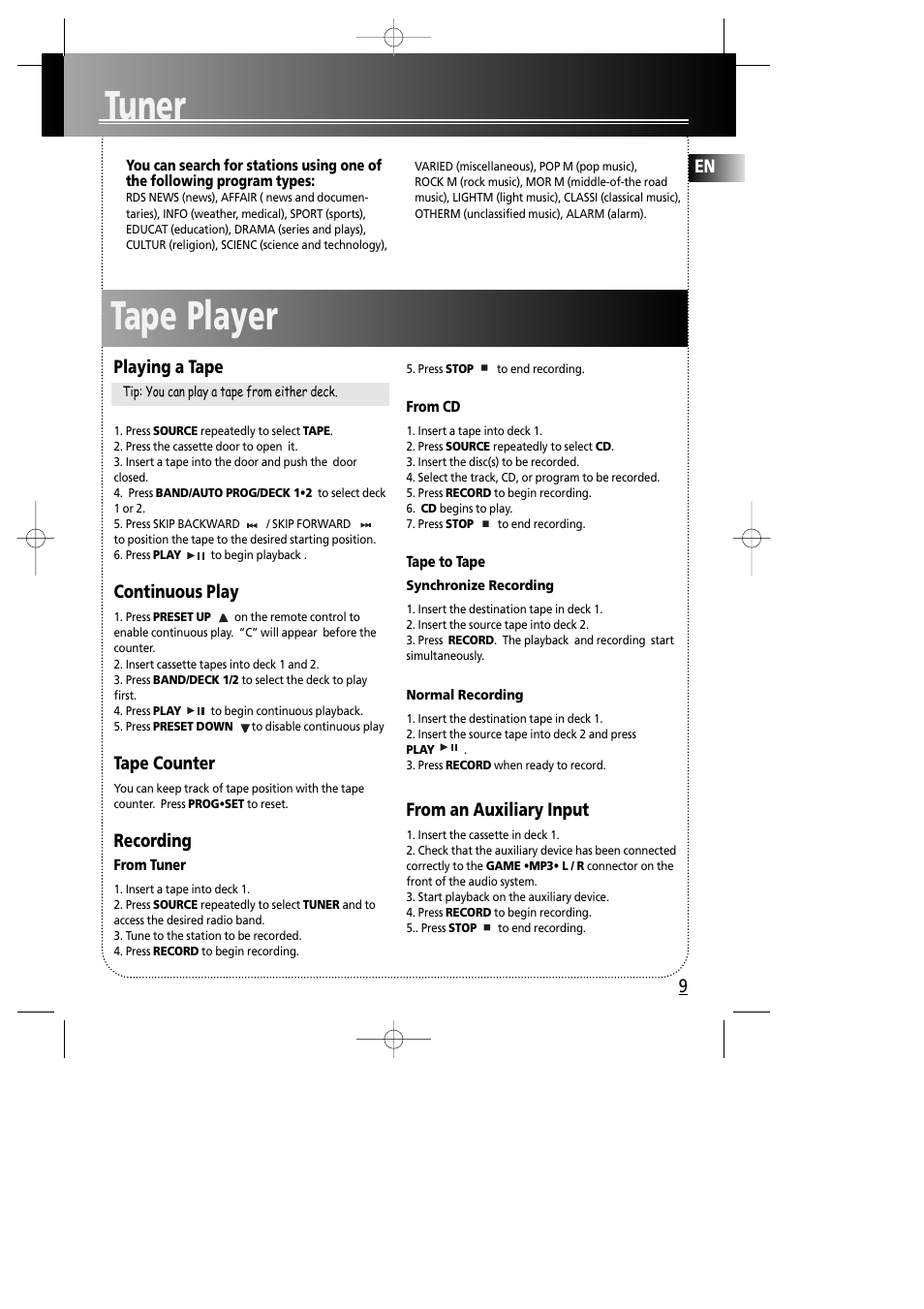 Tuner, Tape player | Technicolor - Thomson MS4000 User Manual | Page 13 / 16
