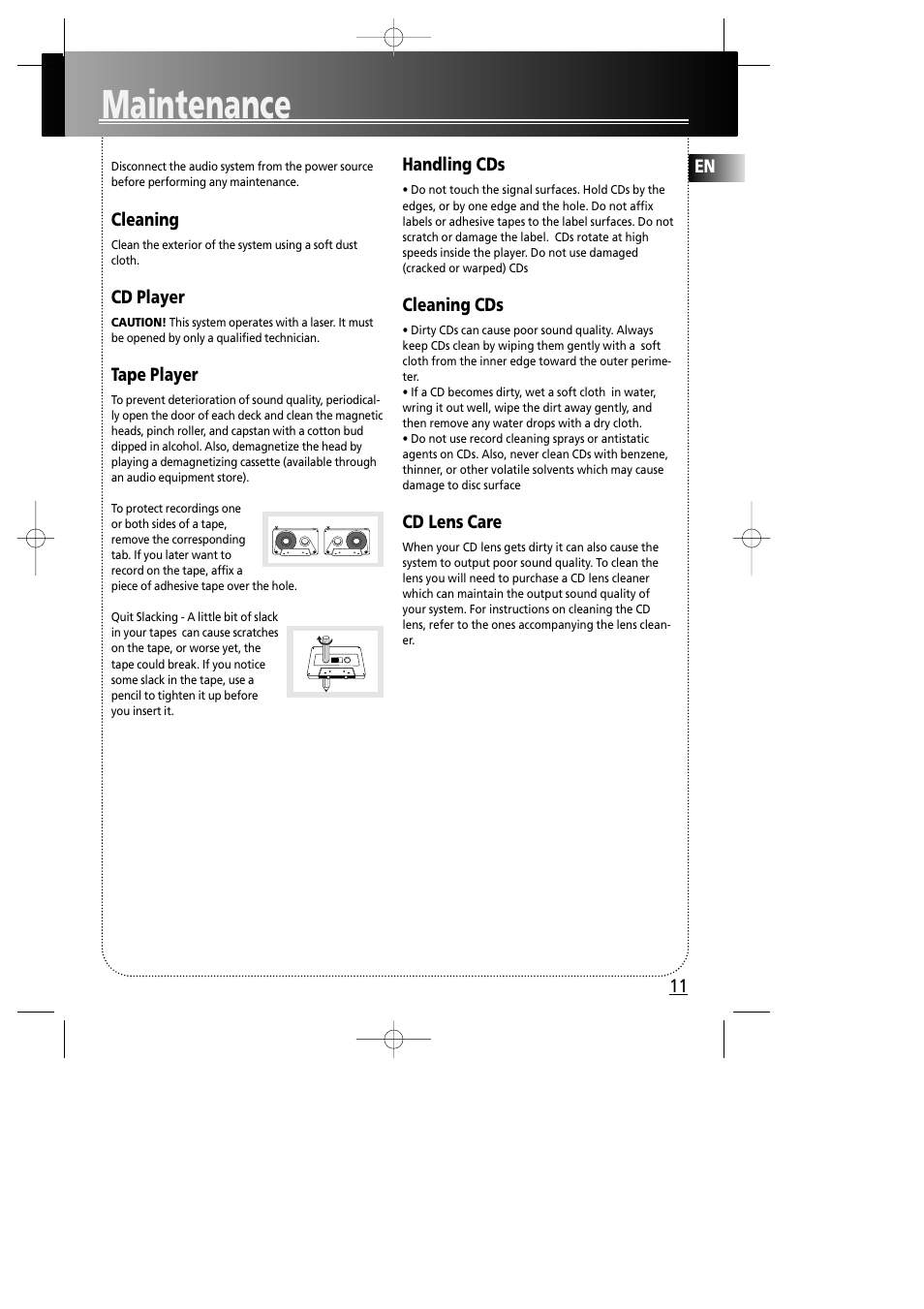 Maintenance, En 11, Cleaning | Cd player, Tape player, Handling cds, Cleaning cds, Cd lens care | Technicolor - Thomson MS4000 User Manual | Page 15 / 16