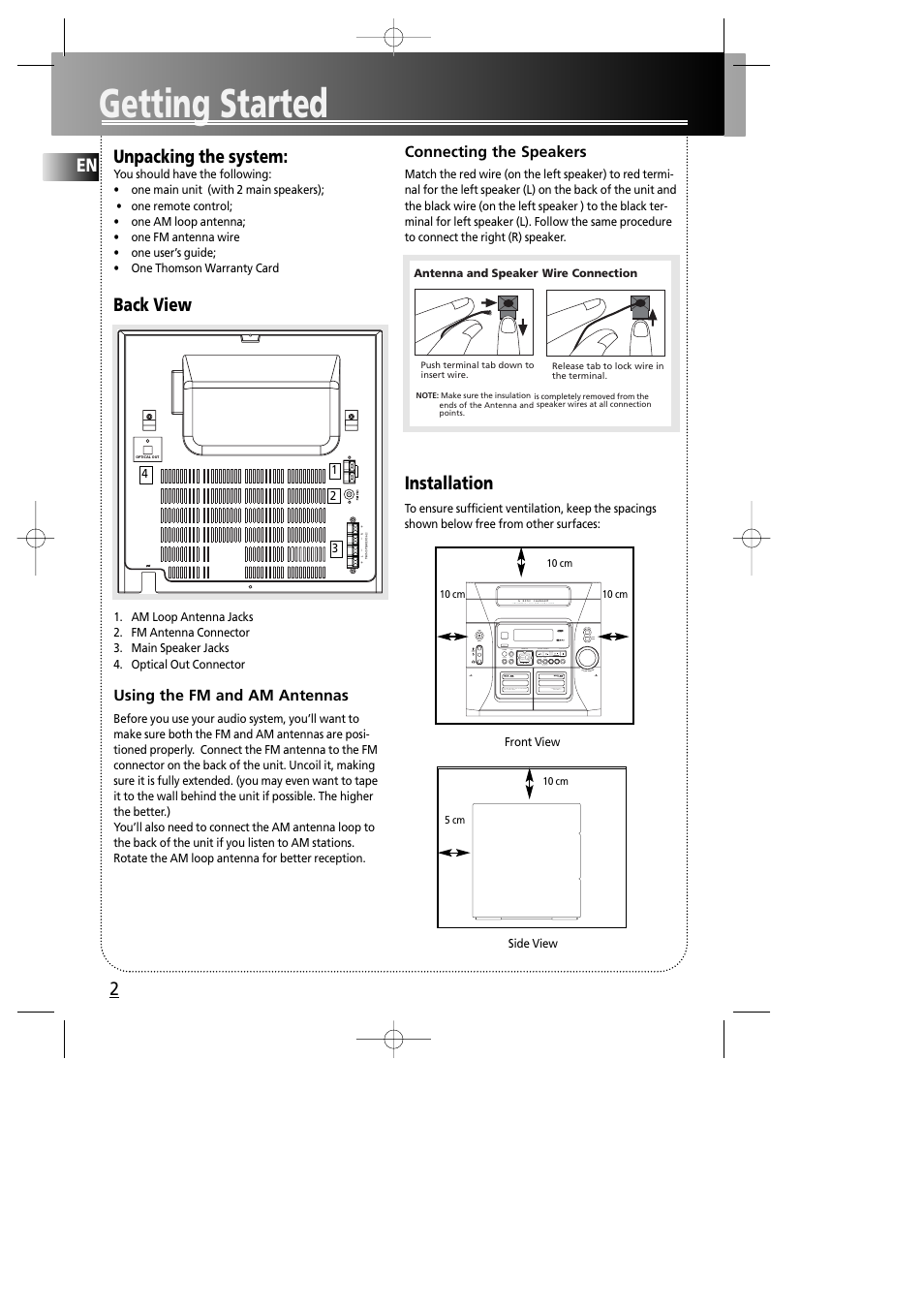 Getting started, 2unpacking the system, Back view | Installation, Using the fm and am antennas, Connecting the speakers | Technicolor - Thomson MS4000 User Manual | Page 6 / 16