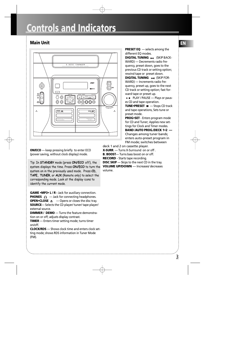 Controls and indicators, En 3, Main unit | Cd-r / rw compatible | Technicolor - Thomson MS4000 User Manual | Page 7 / 16