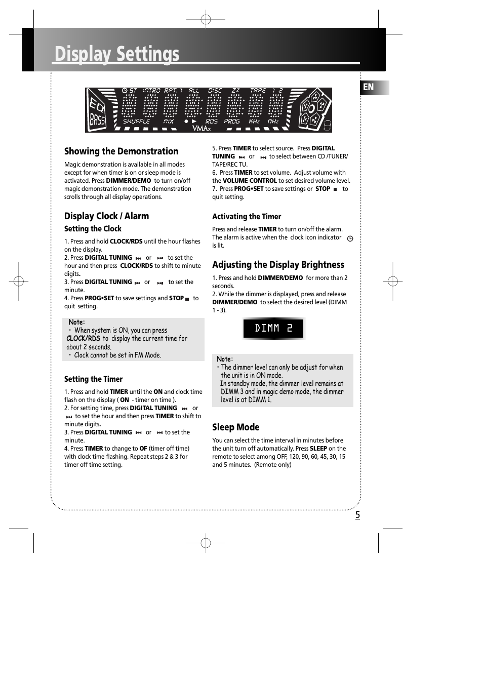 Display settings, En 5, Showing the demonstration | Display clock / alarm, Adjusting the display brightness, Sleep mode, Dimm 2 | Technicolor - Thomson MS4000 User Manual | Page 9 / 16