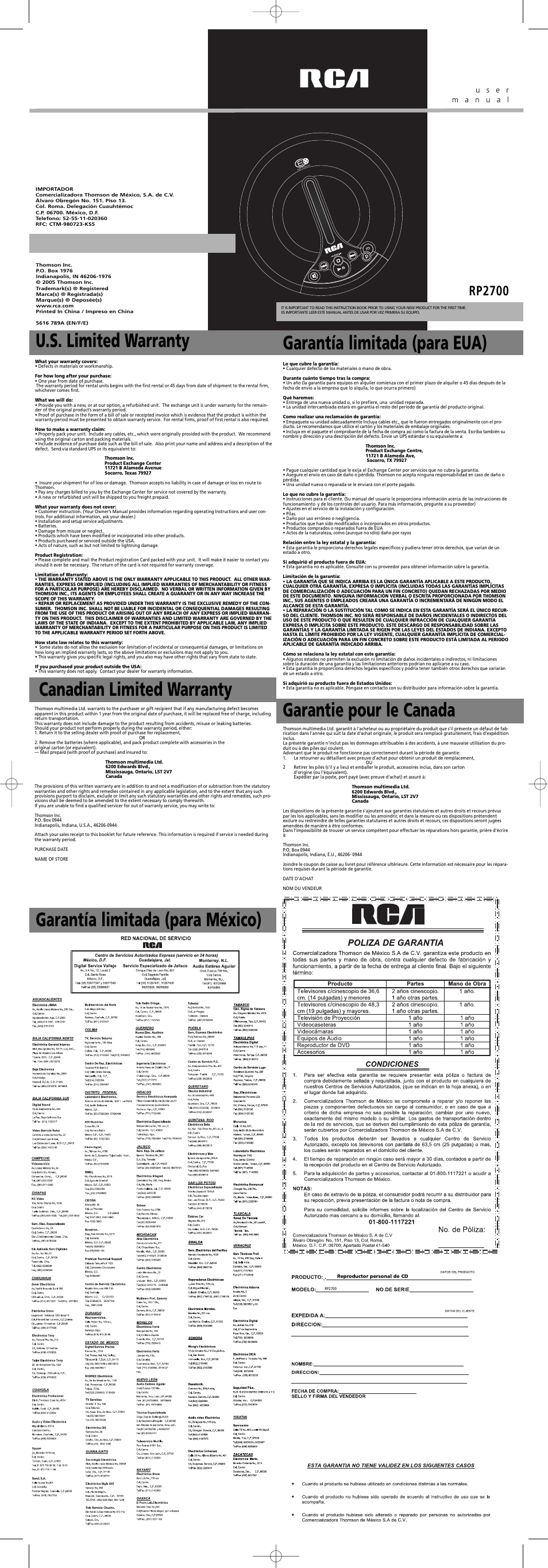 U.s. limited warranty, Canadian limited warranty, Garantie pour le canada | Garantía limitada (para eua), Garantía limitada (para méxico), Rp2700 | Technicolor - Thomson RCA RP2700 User Manual | Page 2 / 2