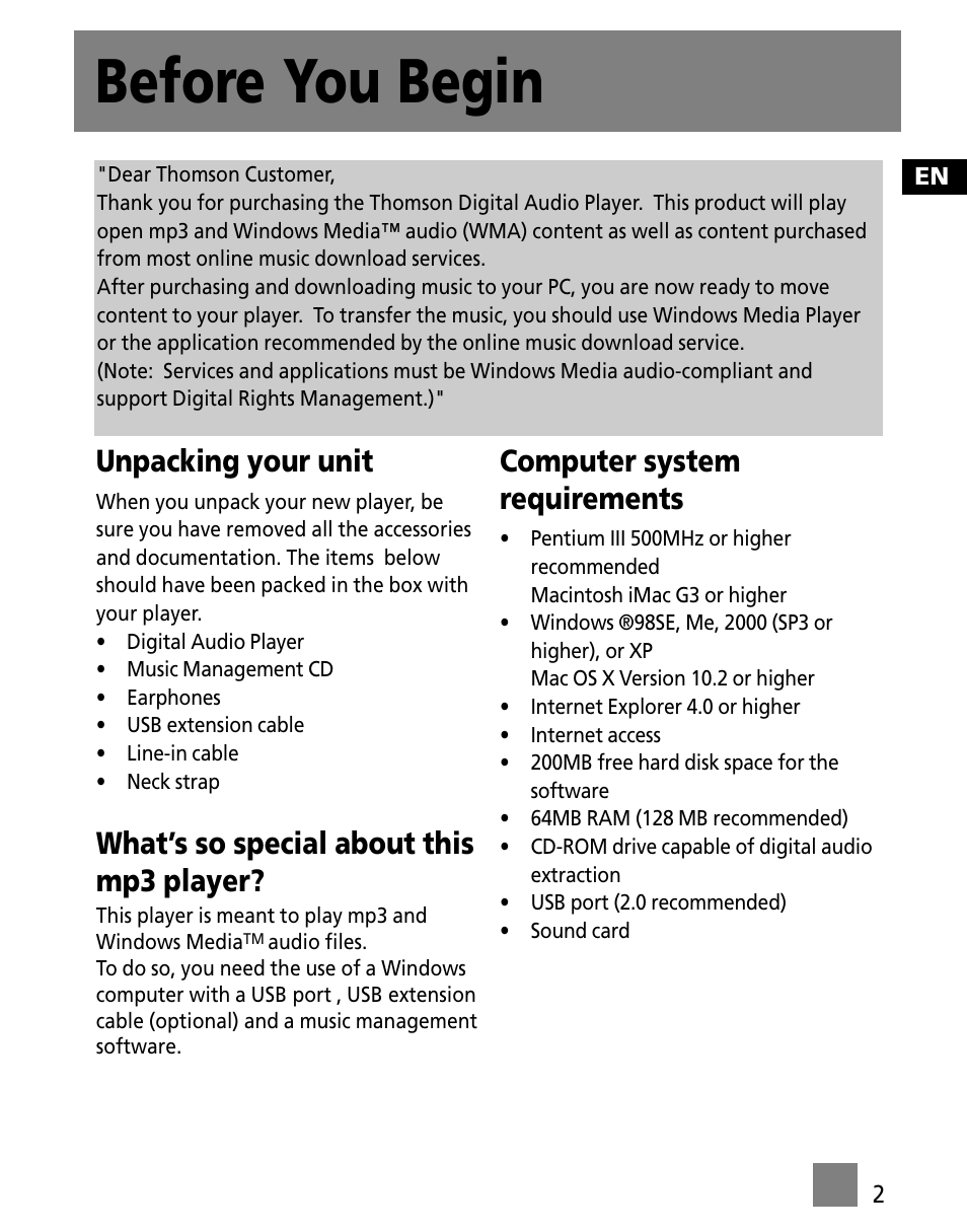 Before you begin, Unpacking your unit, What’s so special about this mp3 player | Computer system requirements | Technicolor - Thomson M150E256KFM User Manual | Page 11 / 46
