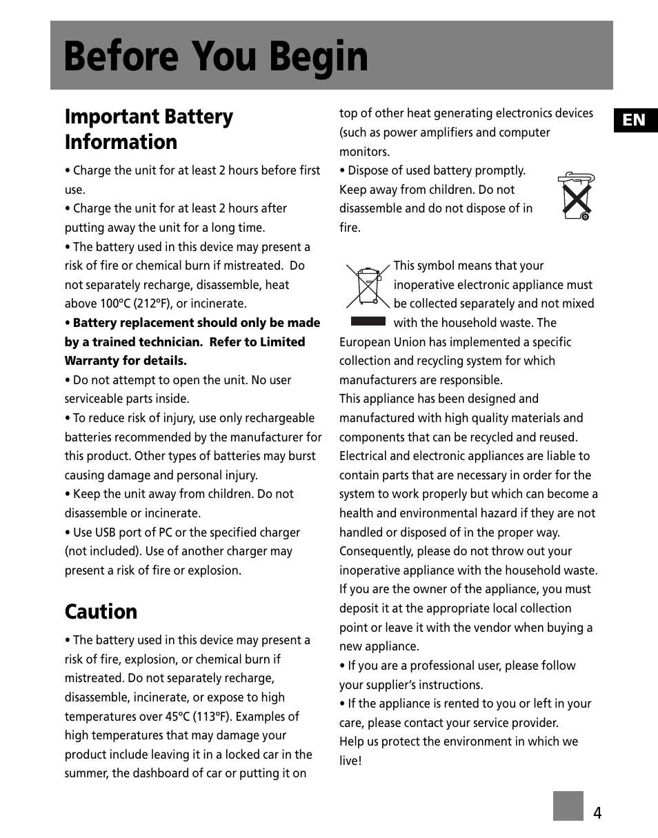 Before you begin, Important battery information, Caution | En 4 | Technicolor - Thomson M150E256KFM User Manual | Page 13 / 46