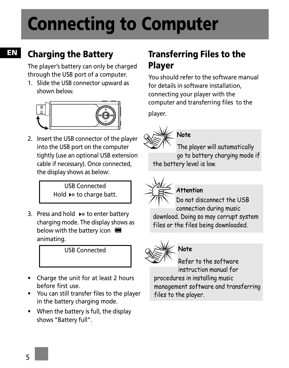 Connecting to computer, Charging the battery, Transferring files to the player | Technicolor - Thomson M150E256KFM User Manual | Page 14 / 46