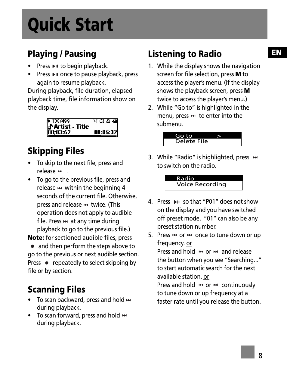 Quick start, Playing / pausing, Skipping files | Scanning files, Listening to radio | Technicolor - Thomson M150E256KFM User Manual | Page 17 / 46