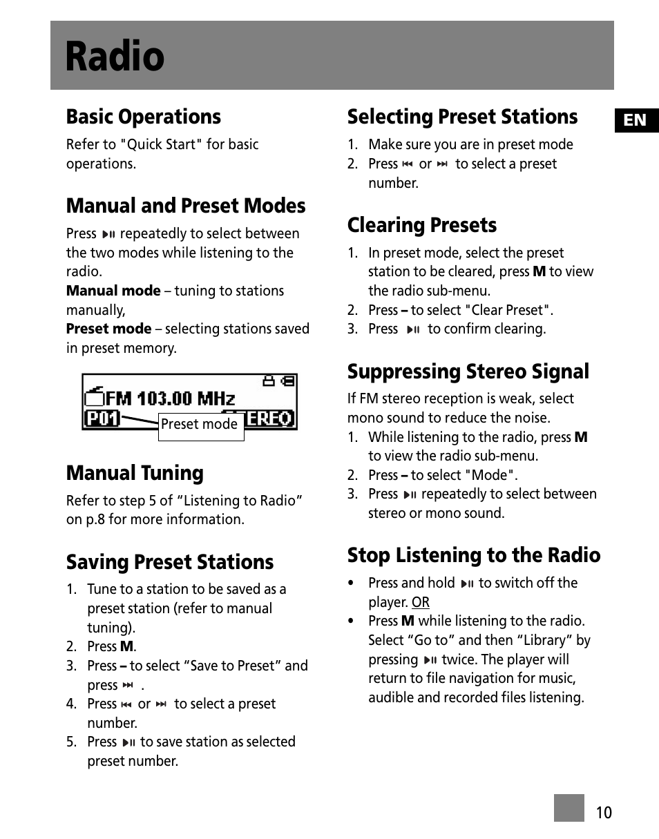 Radio, Basic operations, Manual and preset modes | Manual tuning, Saving preset stations, Selecting preset stations, Clearing presets, Suppressing stereo signal, Stop listening to the radio | Technicolor - Thomson M150E256KFM User Manual | Page 19 / 46