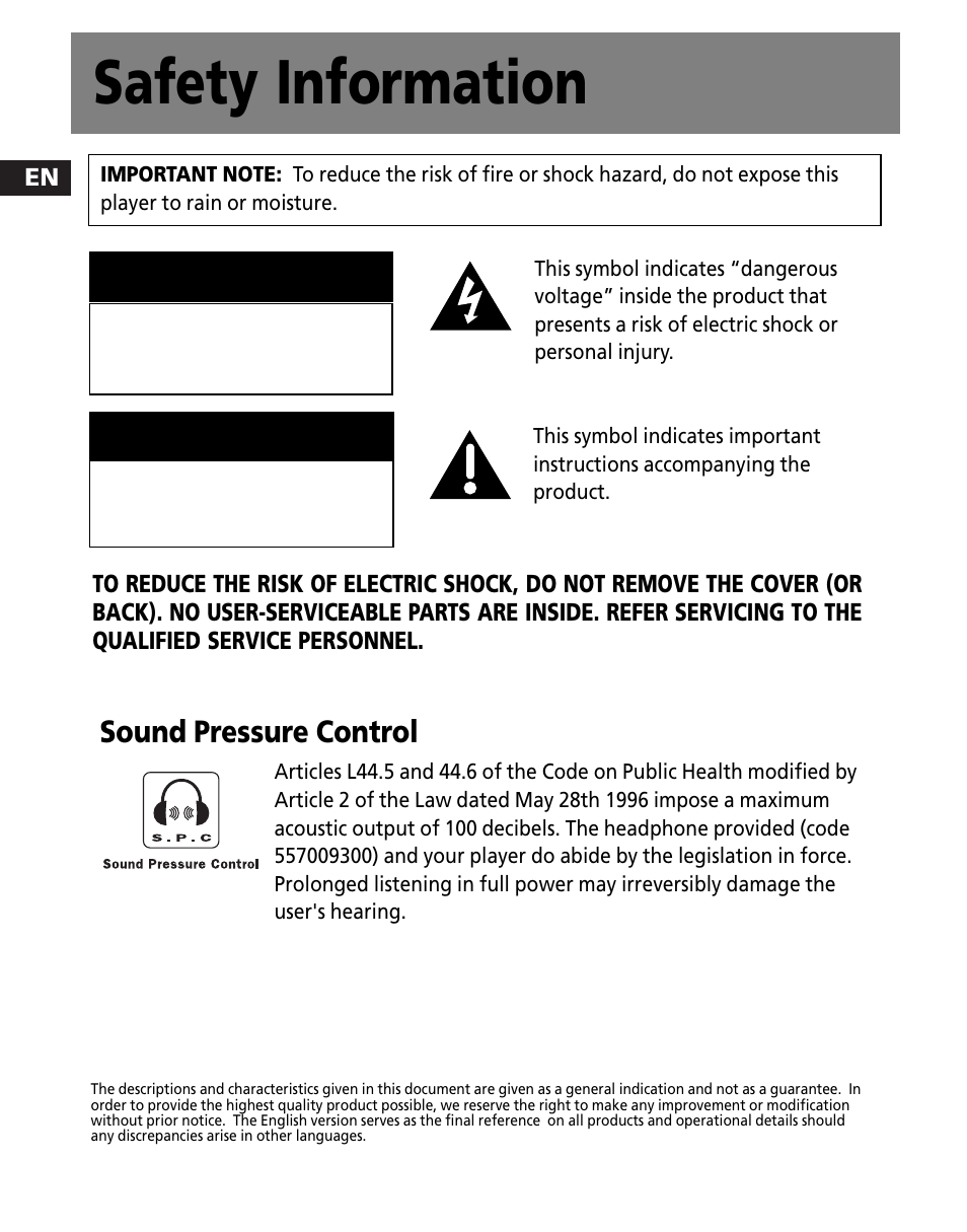 Safety information, Caution attention, Sound pressure control | Technicolor - Thomson M150E256KFM User Manual | Page 2 / 46