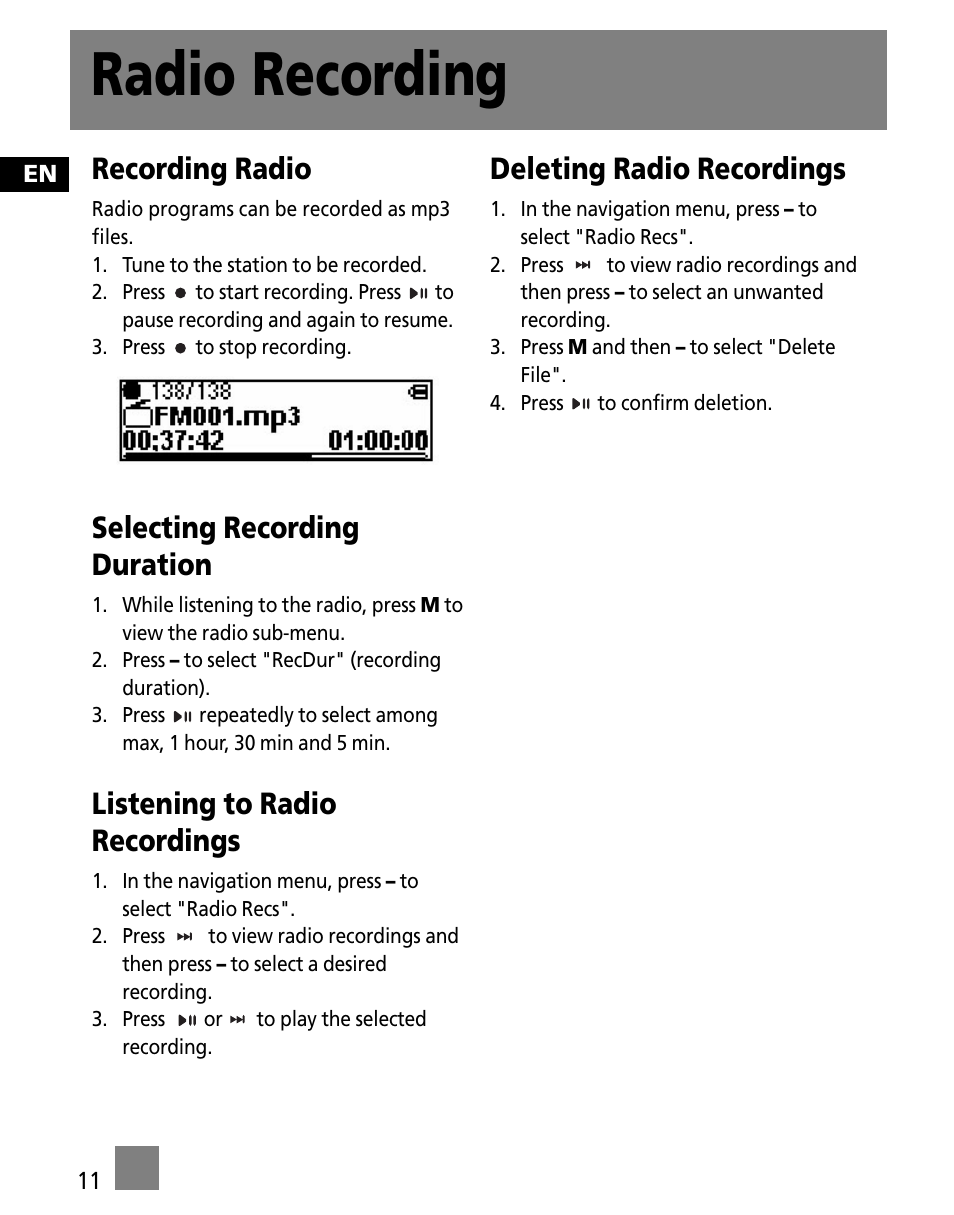 Radio recording, Recording radio, Selecting recording duration | Listening to radio recordings, Deleting radio recordings | Technicolor - Thomson M150E256KFM User Manual | Page 20 / 46