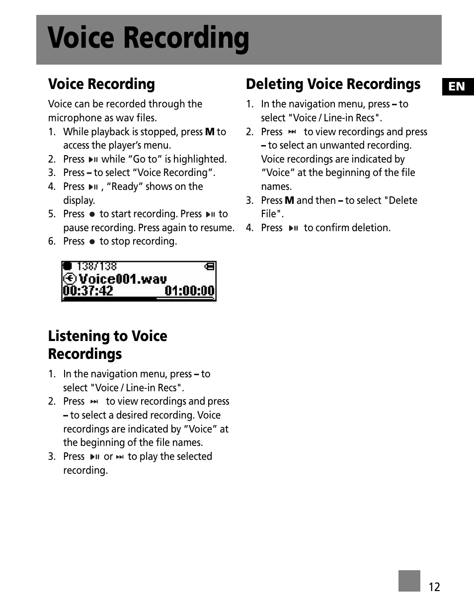 Voice recording, Listening to voice recordings, Deleting voice recordings | Technicolor - Thomson M150E256KFM User Manual | Page 21 / 46