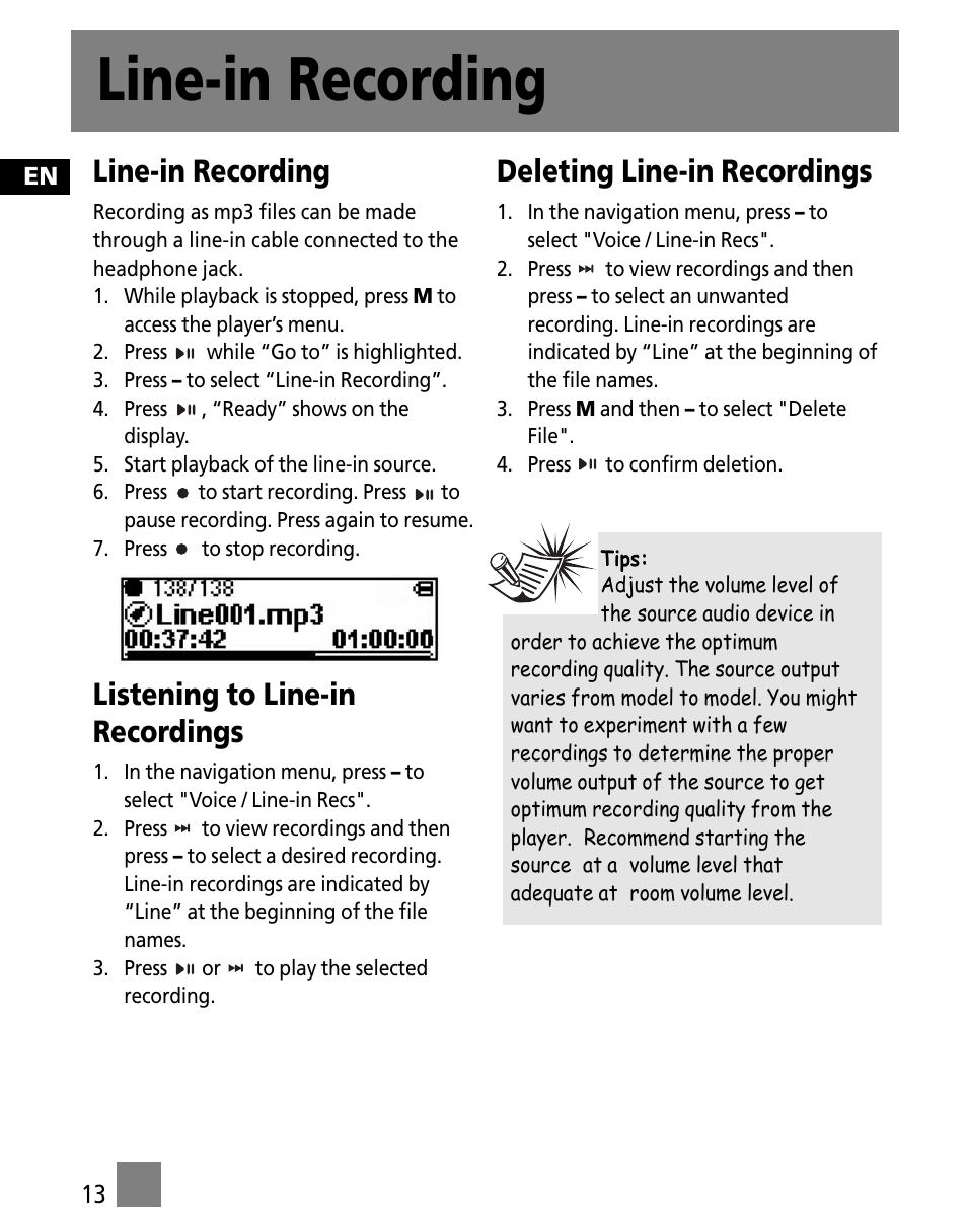 Line-in recording, Listening to line-in recordings, Deleting line-in recordings | Technicolor - Thomson M150E256KFM User Manual | Page 22 / 46