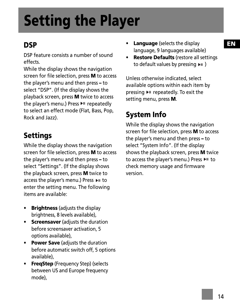 Setting the player, Settings, System info | Technicolor - Thomson M150E256KFM User Manual | Page 23 / 46