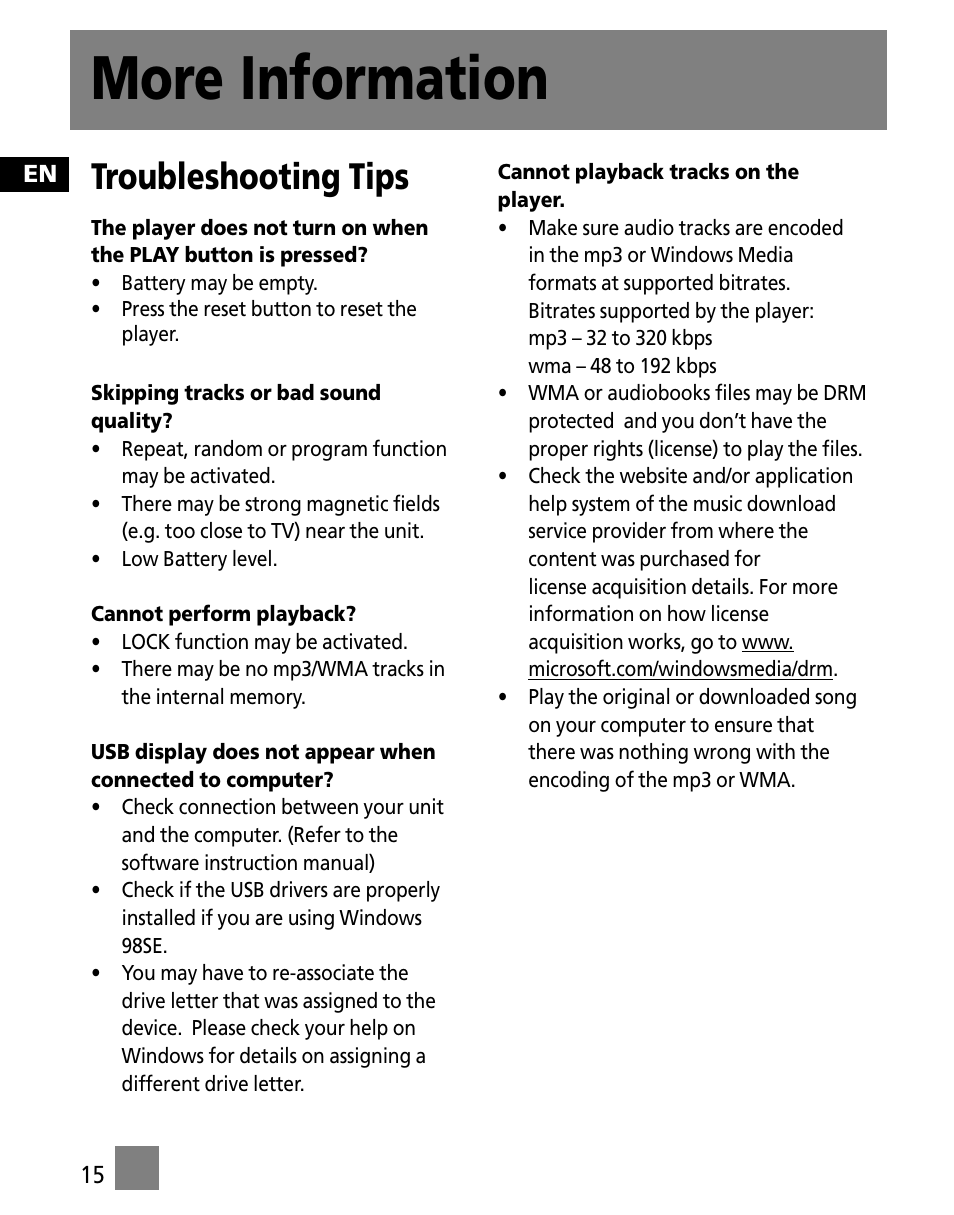 More information, Troubleshooting tips | Technicolor - Thomson M150E256KFM User Manual | Page 24 / 46
