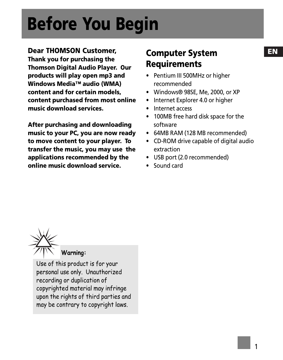 Before you begin, Computer system requirements | Technicolor - Thomson M150E256KFM User Manual | Page 35 / 46