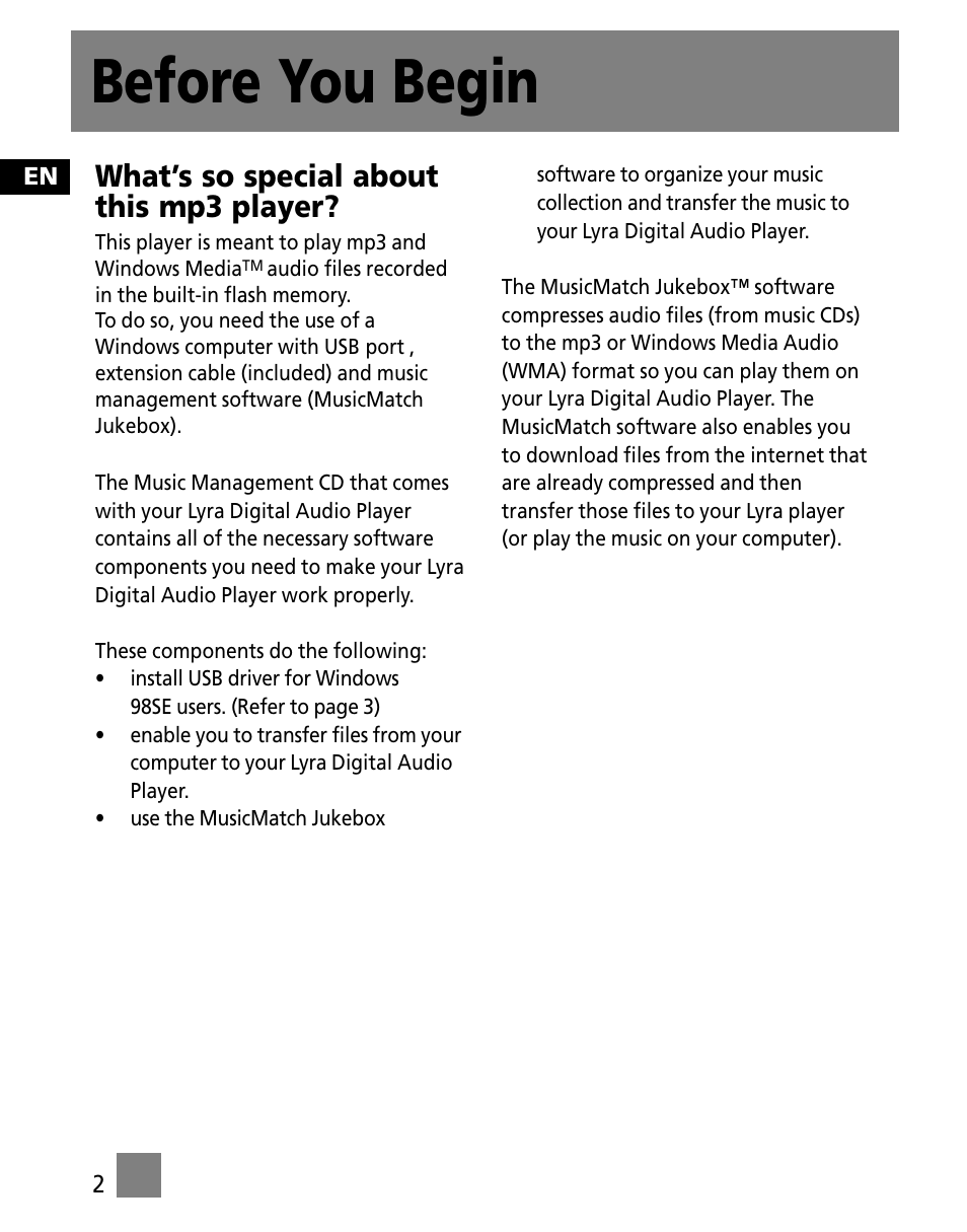 Before you begin, What’s so special about this mp3 player | Technicolor - Thomson M150E256KFM User Manual | Page 36 / 46