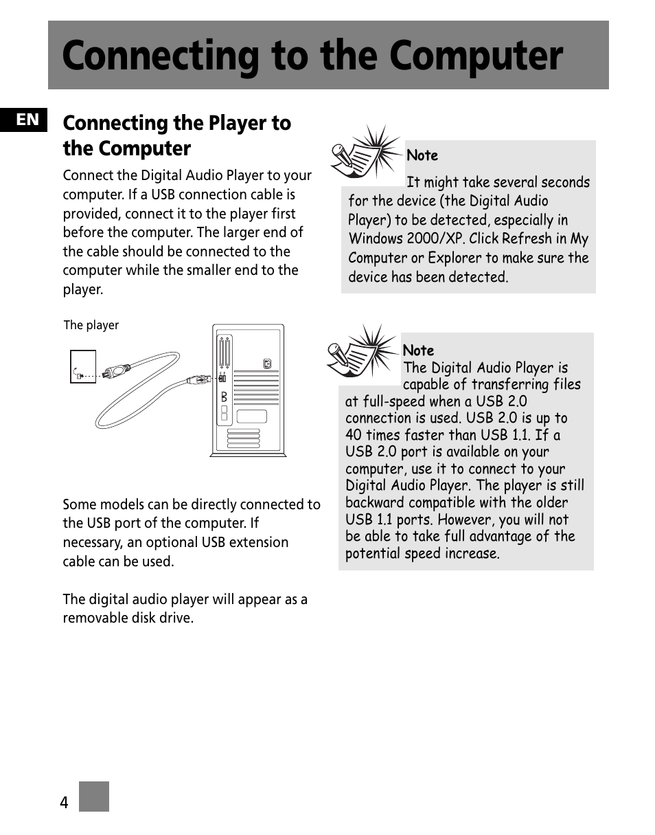 Connecting to the computer, Connecting the player to the computer | Technicolor - Thomson M150E256KFM User Manual | Page 38 / 46
