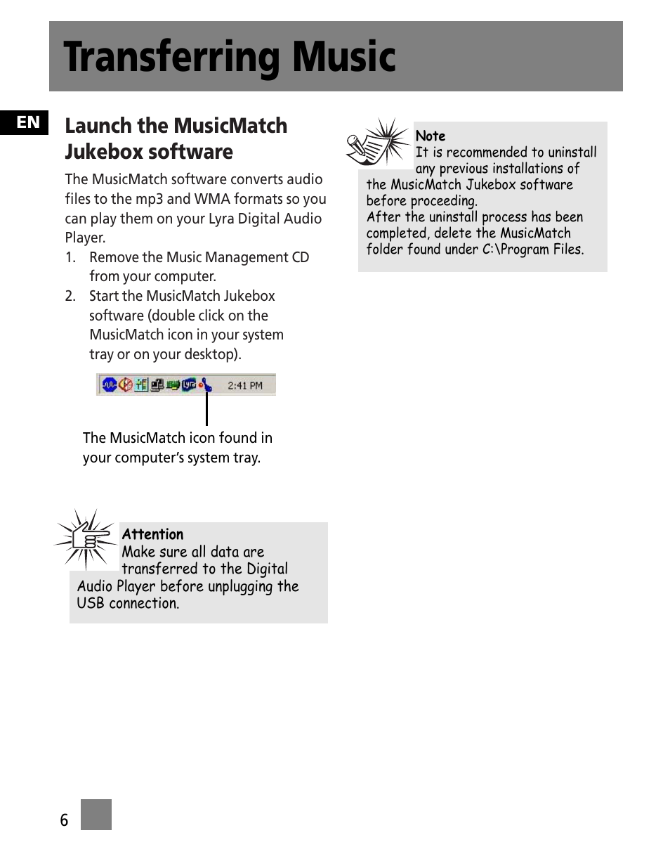 Transferring music, Launch the musicmatch jukebox software | Technicolor - Thomson M150E256KFM User Manual | Page 40 / 46