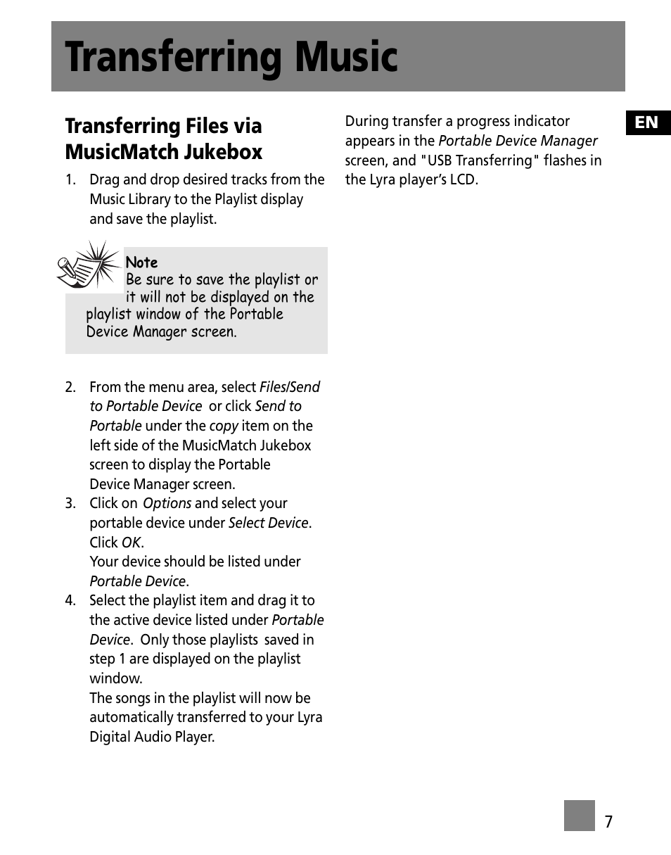 Transferring music, Transferring files via musicmatch jukebox | Technicolor - Thomson M150E256KFM User Manual | Page 41 / 46