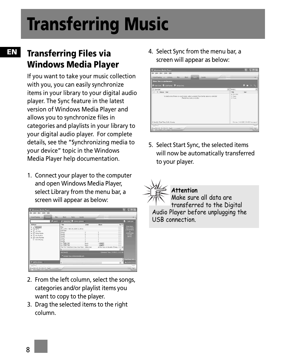 Transferring music, Transferring files via windows media player | Technicolor - Thomson M150E256KFM User Manual | Page 42 / 46