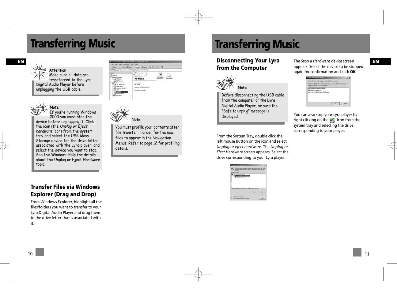 Transferring music, Disconnecting your lyra from the computer | Technicolor - Thomson Thomson Lyra PDP2356K User Manual | Page 10 / 24
