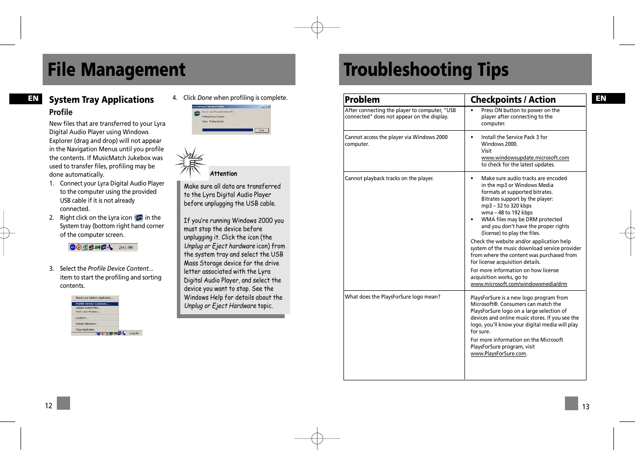 File management, Troubleshooting tips, System tray applications | Problem, Checkpoints / action | Technicolor - Thomson Thomson Lyra PDP2356K User Manual | Page 11 / 24