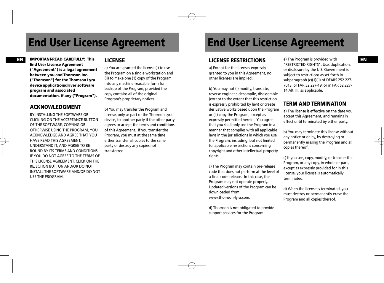 End user license agreement | Technicolor - Thomson Thomson Lyra PDP2356K User Manual | Page 2 / 24