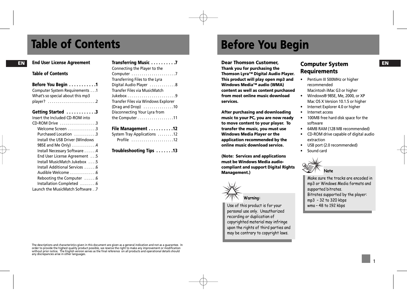 Before you begin table of contents, Computer system requirements | Technicolor - Thomson Thomson Lyra PDP2356K User Manual | Page 5 / 24