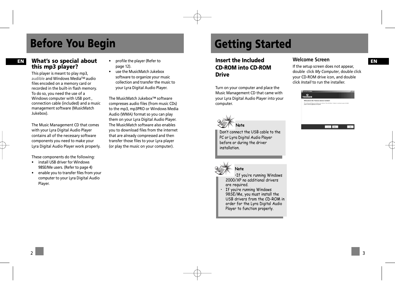 Before you begin, Getting started, What’s so special about this mp3 player | Insert the included cd-rom into cd-rom drive | Technicolor - Thomson Thomson Lyra PDP2356K User Manual | Page 6 / 24