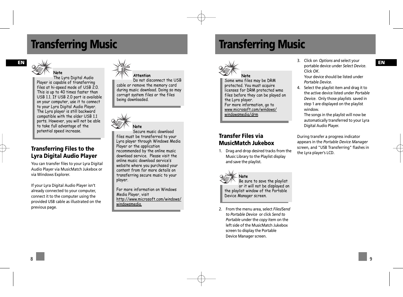 Transferring music, Transfer files via musicmatch jukebox | Technicolor - Thomson Thomson Lyra PDP2356K User Manual | Page 9 / 24