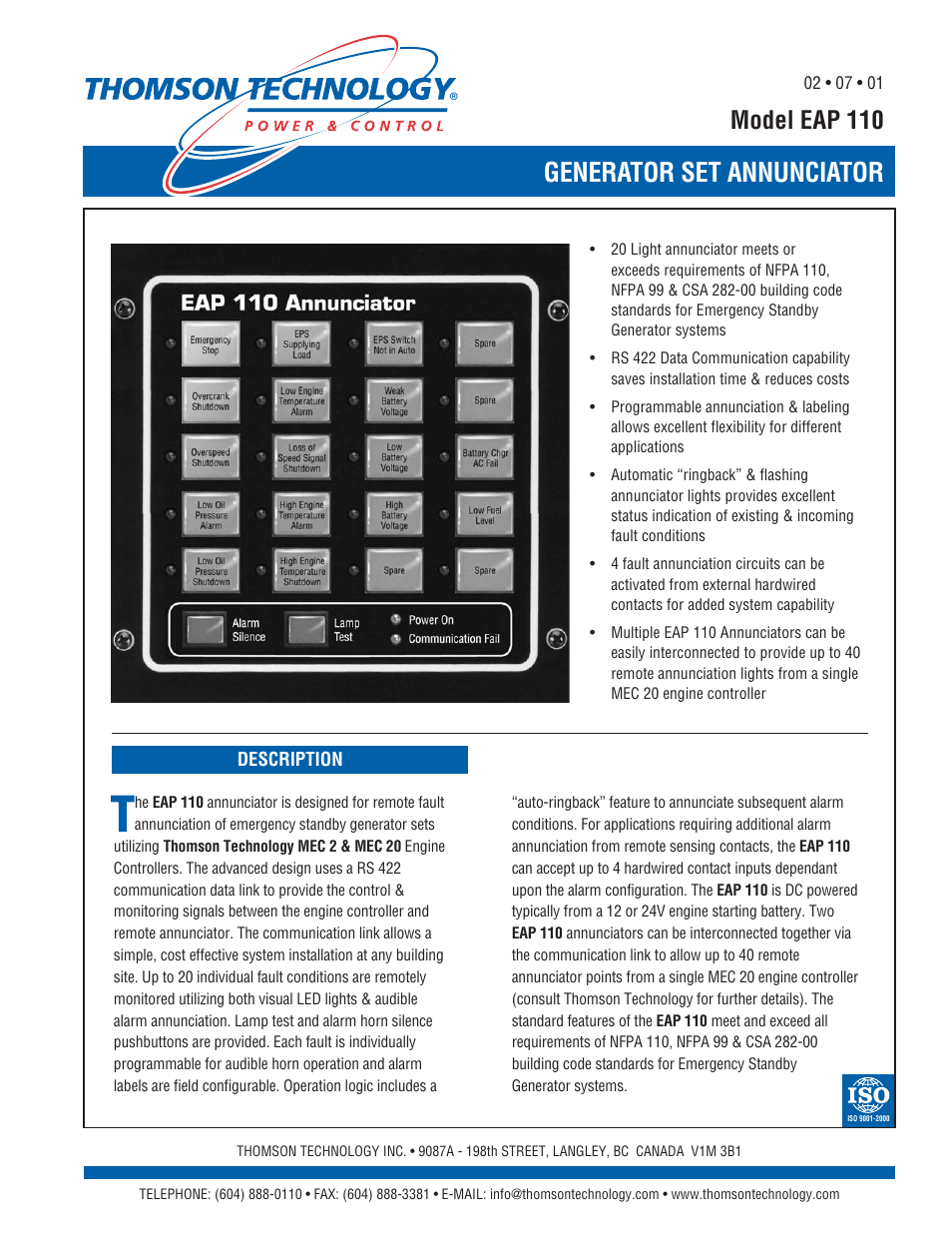 Technicolor - Thomson Generator Set Annunciator EAP 110 User Manual | 2 pages