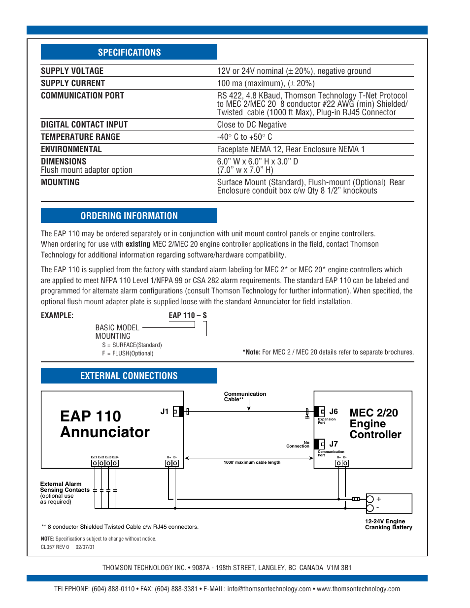 Eap 110 annunciator, Mec 2/20 engine controller, Specifications ordering information | External connections | Technicolor - Thomson Generator Set Annunciator EAP 110 User Manual | Page 2 / 2