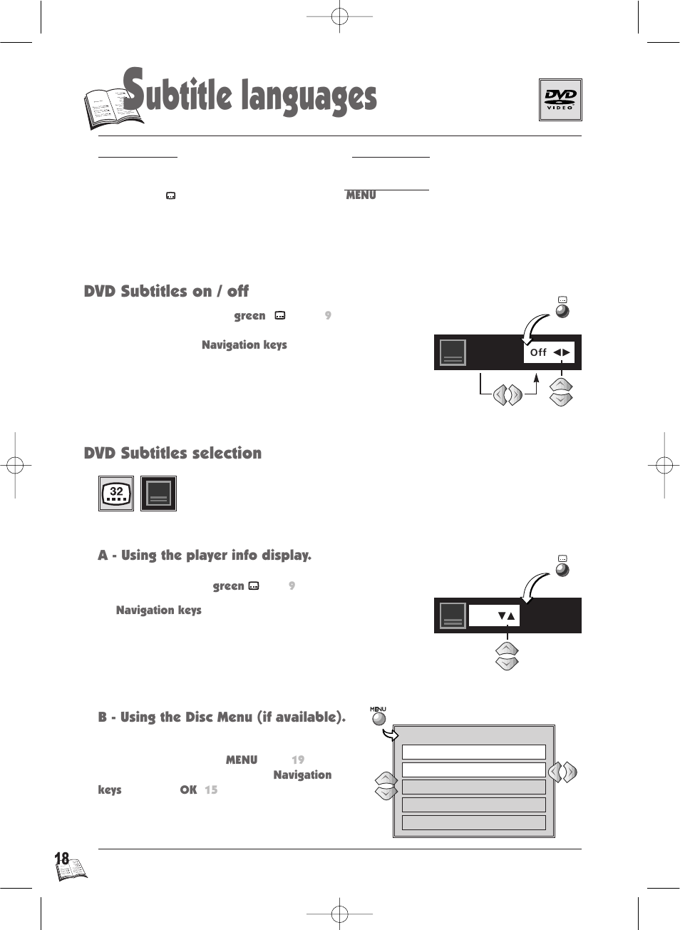 Ubtitle languages, Dvd subtitles selection, Dvd subtitles on / off | Technicolor - Thomson IB5000 User Manual | Page 18 / 34