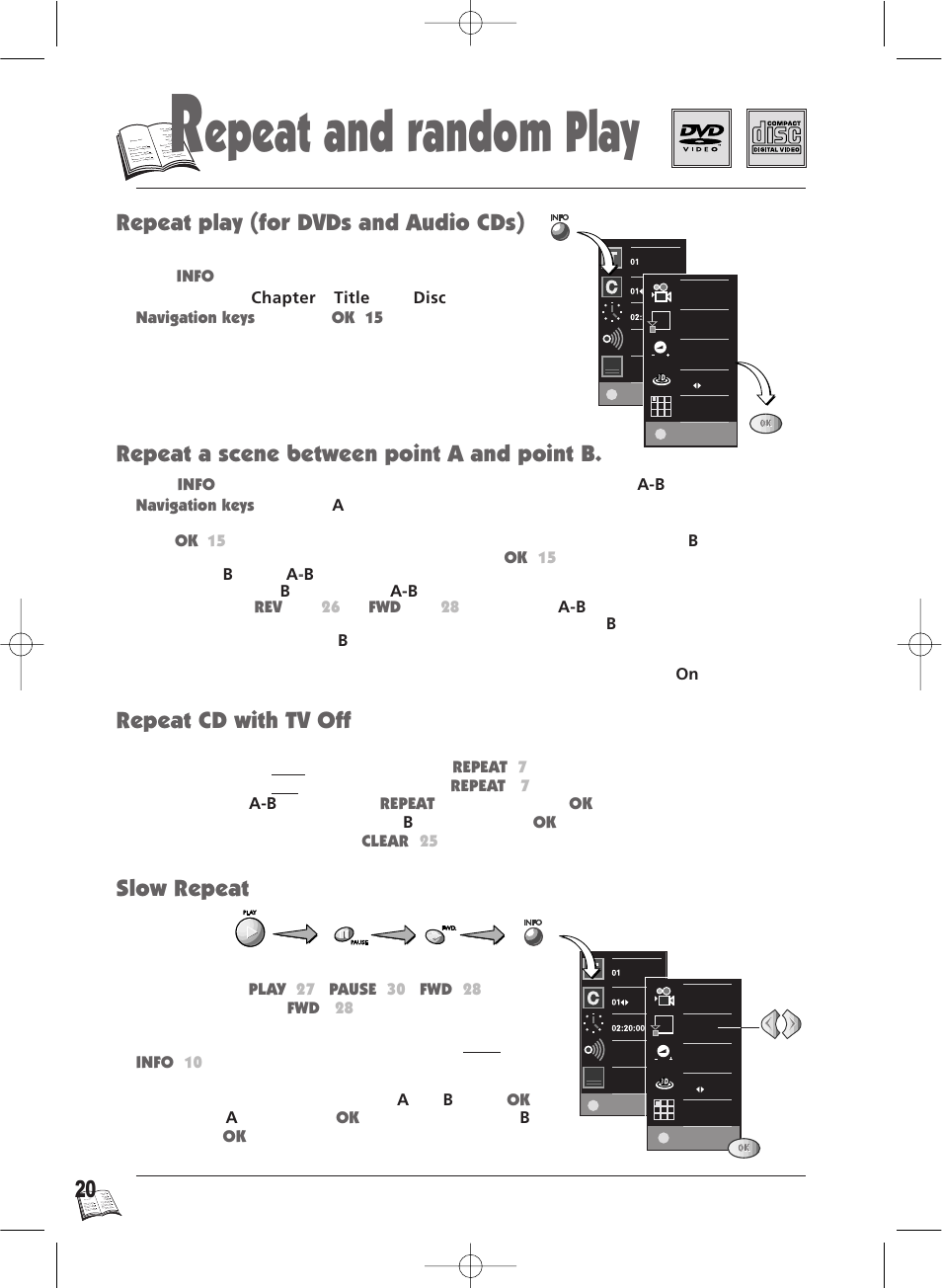 Epeat and random play, Repeat cd with tv off, Slow repeat | Technicolor - Thomson IB5000 User Manual | Page 20 / 34