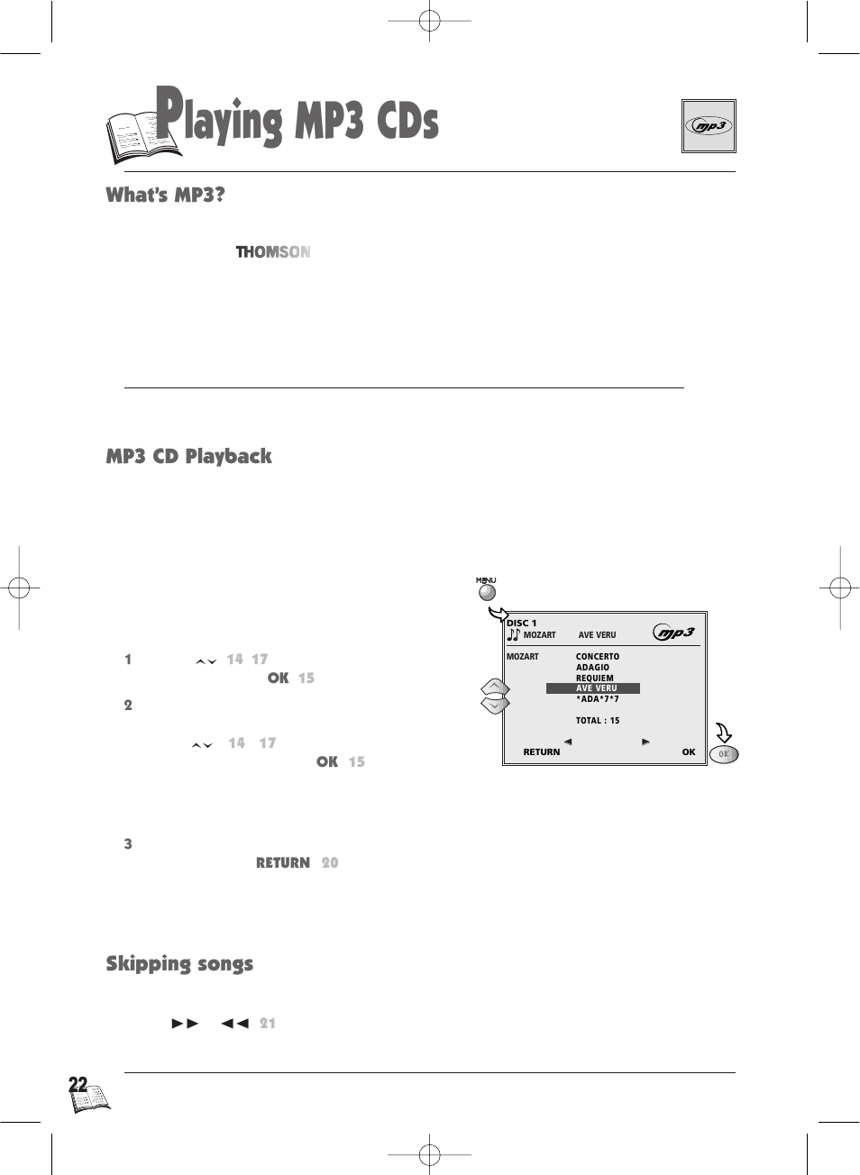 Laying mp3 cds, Mp3 cd playback what’s mp3? skipping songs | Technicolor - Thomson IB5000 User Manual | Page 22 / 34