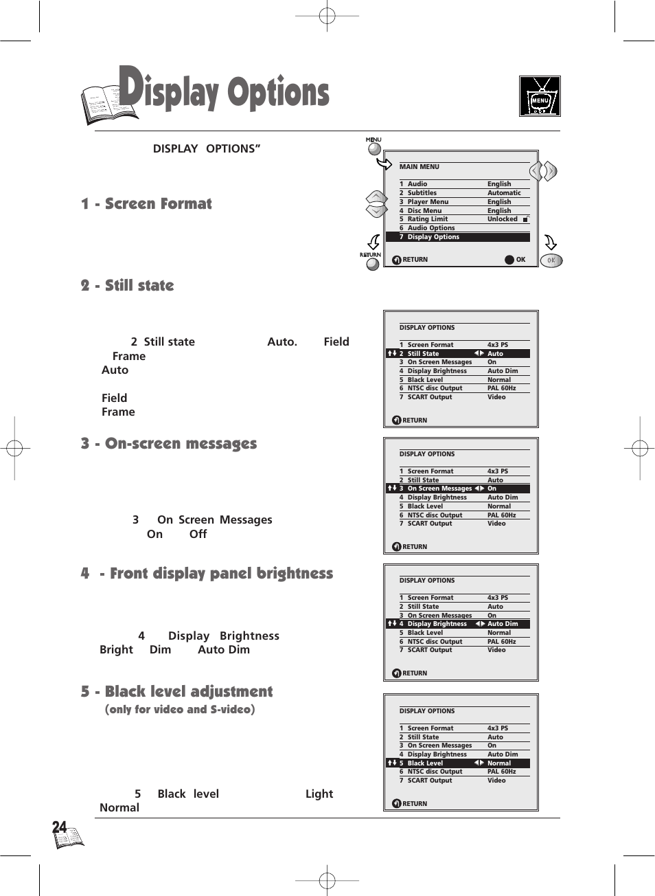 Isplay options, 5 - black level adjustment, 4 - front display panel brightness | 3 - on-screen messages, 2 - still state 1 - screen format | Technicolor - Thomson IB5000 User Manual | Page 24 / 34