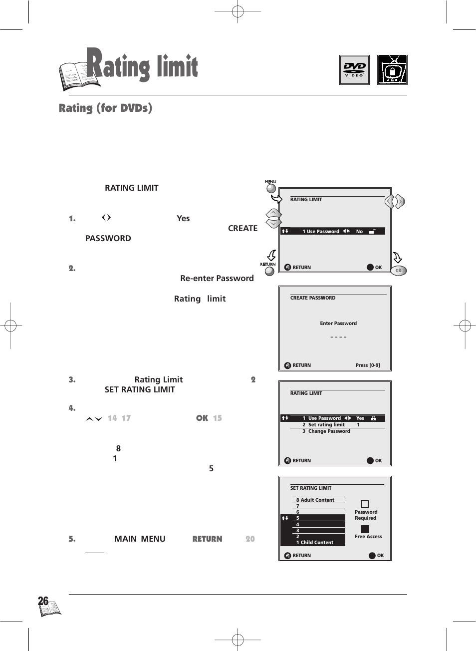 Ating limit, Rating (for dvds), Rating limit selection | Technicolor - Thomson IB5000 User Manual | Page 26 / 34