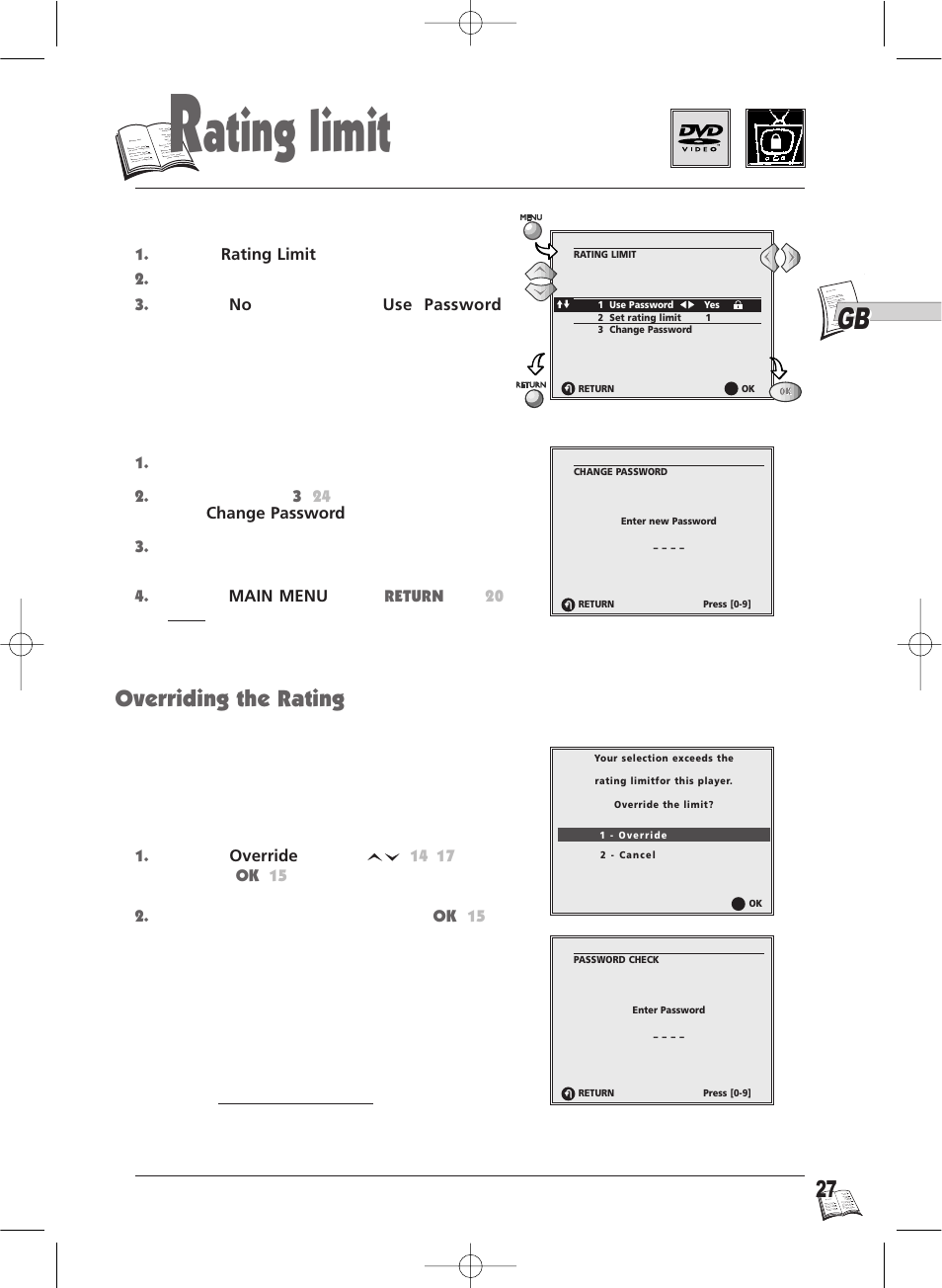 Ating limit, Overriding the rating, For dvds | Player unlock and rating limit cancellation, Password change | Technicolor - Thomson IB5000 User Manual | Page 27 / 34