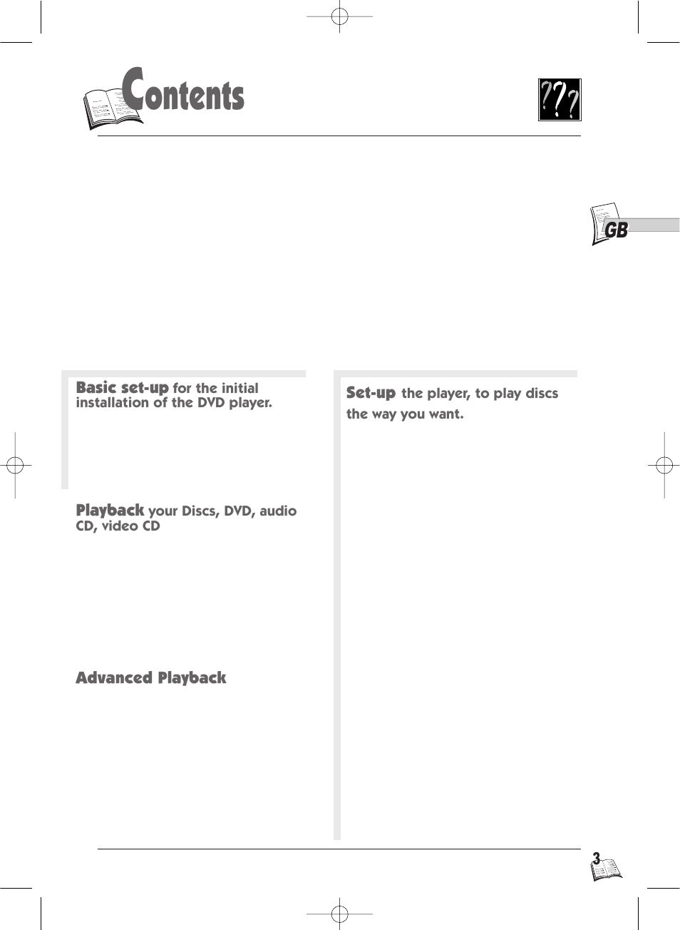 Ontents, Basic set-up, Playback | Advanced playback, Set-up | Technicolor - Thomson IB5000 User Manual | Page 3 / 34