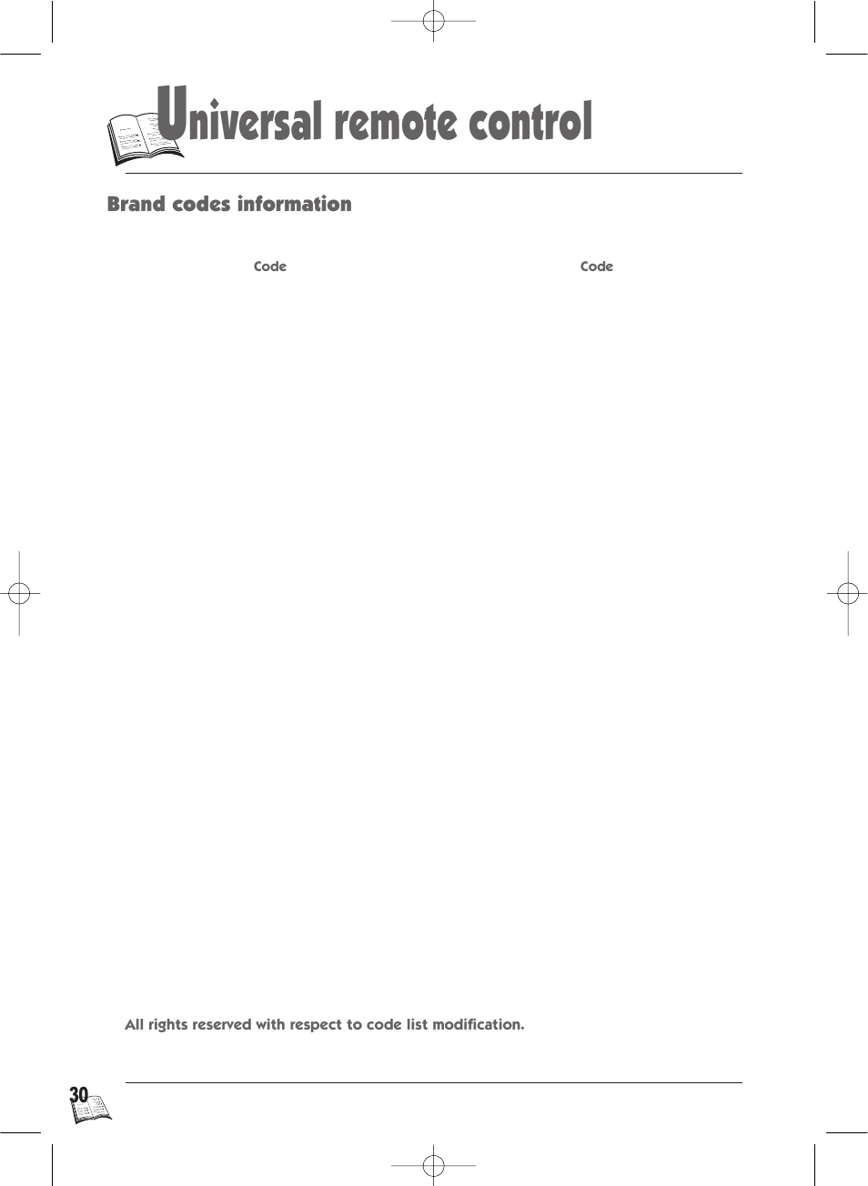 Niversal remote control, Brand codes information | Technicolor - Thomson IB5000 User Manual | Page 30 / 34