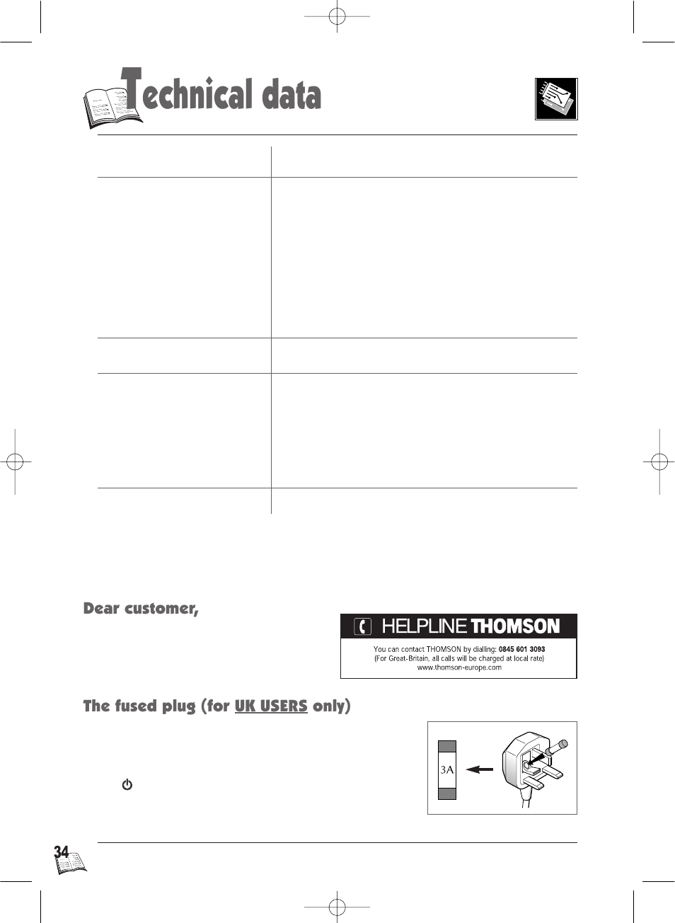 Echnical data, The fused plug (for uk users only), Dear customer | Technicolor - Thomson IB5000 User Manual | Page 34 / 34