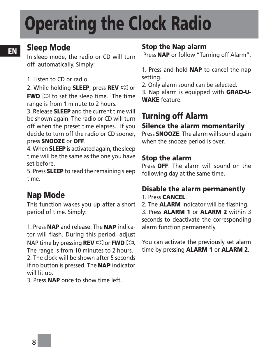 Operating the clock radio, Sleep mode, Nap mode | Turning off alarm | Technicolor - Thomson RR420CD User Manual | Page 10 / 11